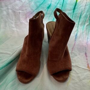 Lucky Brand Brown Suede Peep-Toe Slingback Block Heel Mules